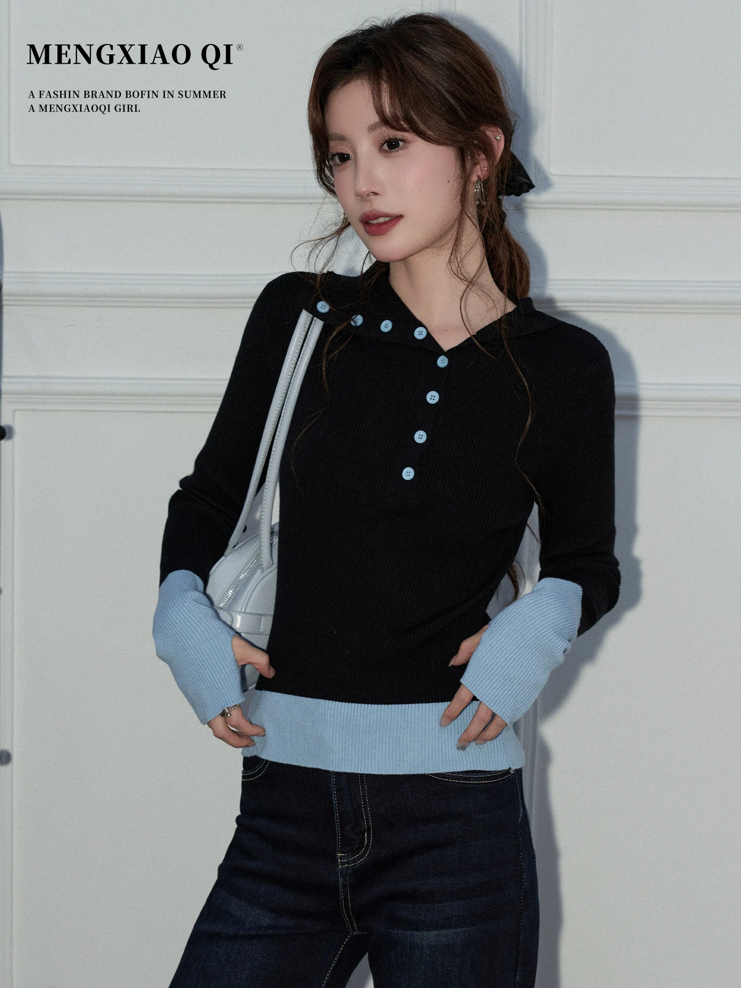 

Женский трикотажный свитер с длинным рукавом, имитация двухслойности, осенне-зимняя коллекция, французский стиль, цветной дизайн