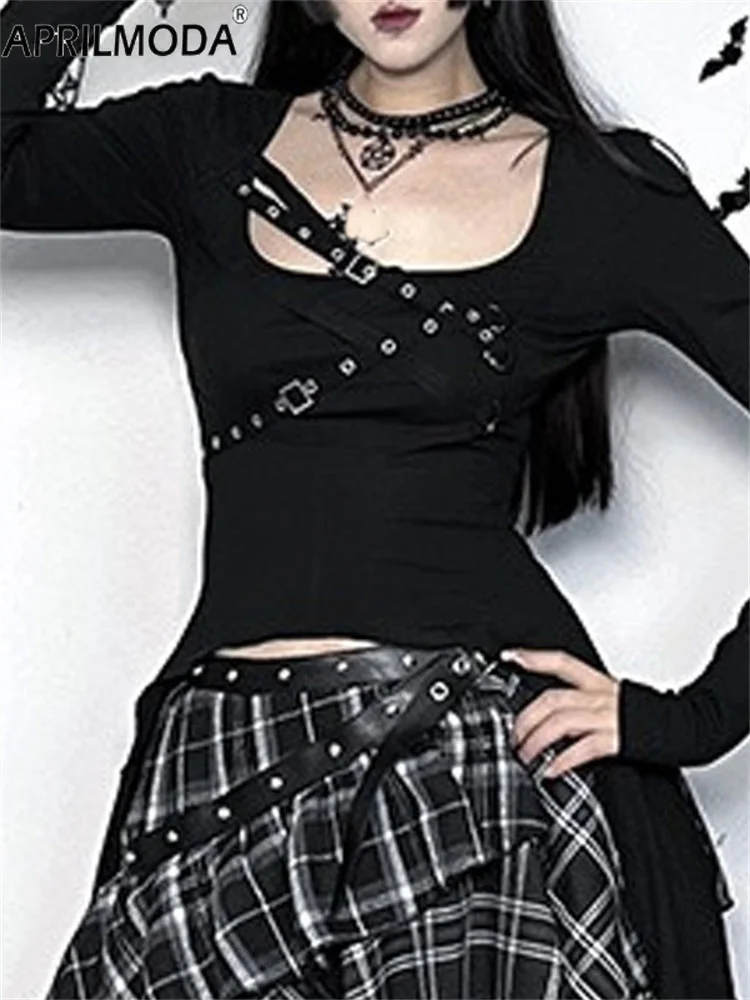 

Autumn Long Sleeve Irregular Grunge Black T Shirt Gothic Slim Fit Harajuku Cyber Y2k Streetwear Hipster Eyelet Bandage Outfits