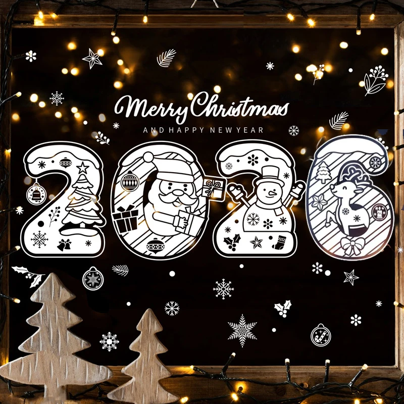 عيد ميلاد سعيد ملصقات نافذة 2026 السنة الجديدة الزجاج الشارات الأبيض سانتا كلوز ثلج الأيائل الجدار ملصق ديكور المنزل عيد الميلاد الحلي
