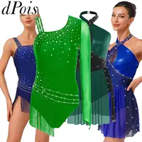 Leotardo de gimnasia con diamantes de imitación brillantes para mujer, mono asimétrico con borlas y hombros para patinaje rítmico, competiciones de baile latino