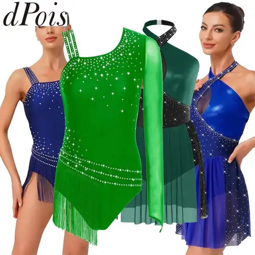 Imagen 1 del producto Leotardo de gimnasia con diamantes de imitación brillantes para mujer, mono asimétrico con borlas y hombros para patinaje rítmico, competiciones de baile latino