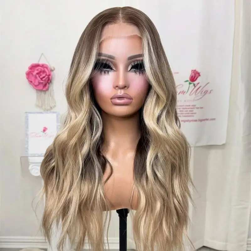 

13x4 Ombre Кремовый Блондин Коричневый HD Невидимый Парик Фронта Шнурка Повседневный Парик Для Косплея Парик Из Термостойкого Волокна Парик Предварительно Сорванная Линия Волос