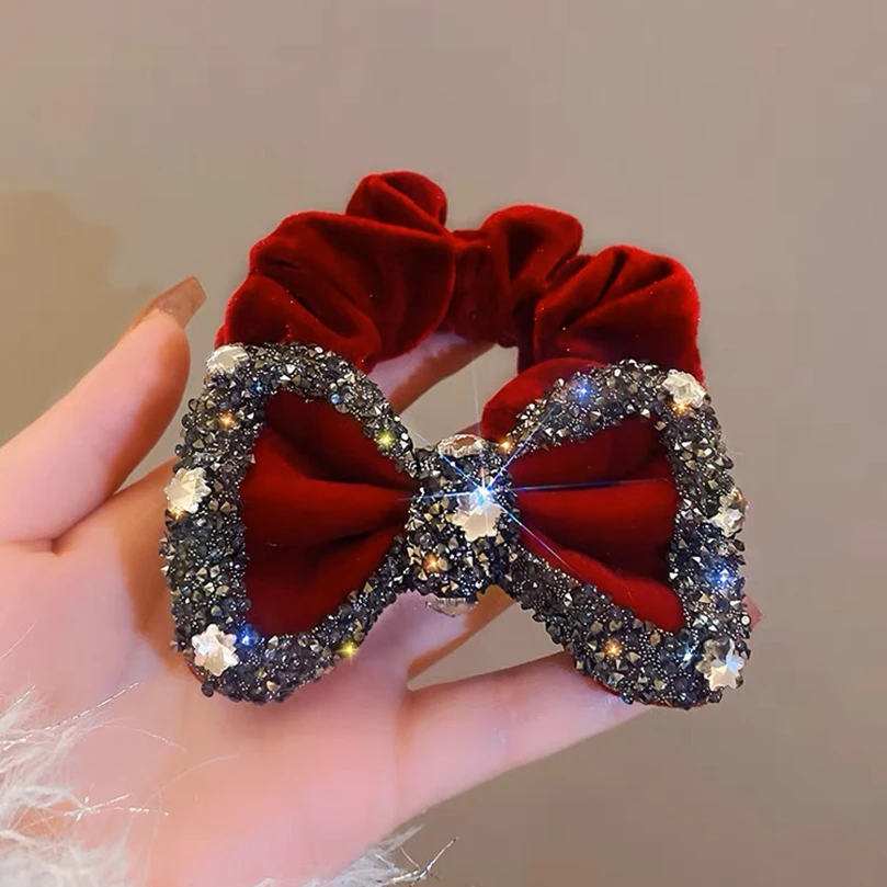 AWAYTR Rhinestones Bow Hair Ring Japanese Wavy Hair Tie Shiny Head Flower Tie Hair Rubber Band Korean Girl Women Head Rope