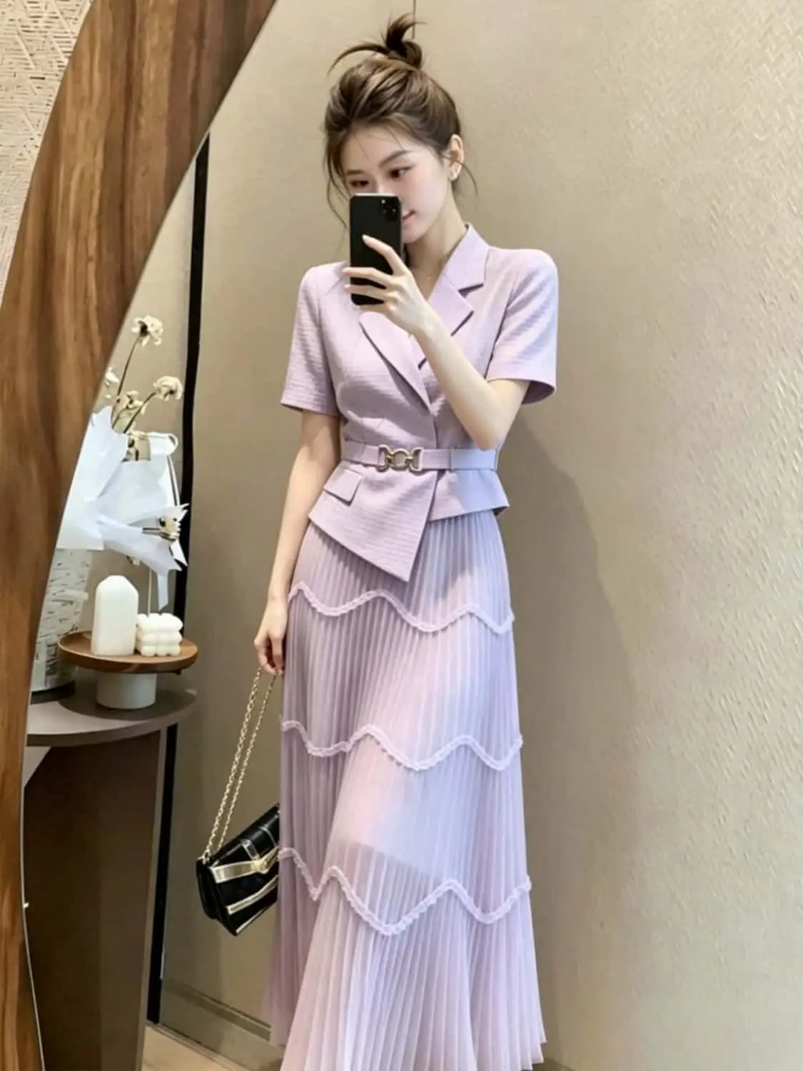 New Office Lady Summer Women's Suit Fashion Design Lapel Short Sleeve Irregular Blazer + Wave A-line Skirt Two Piece Set Elegant image 5
