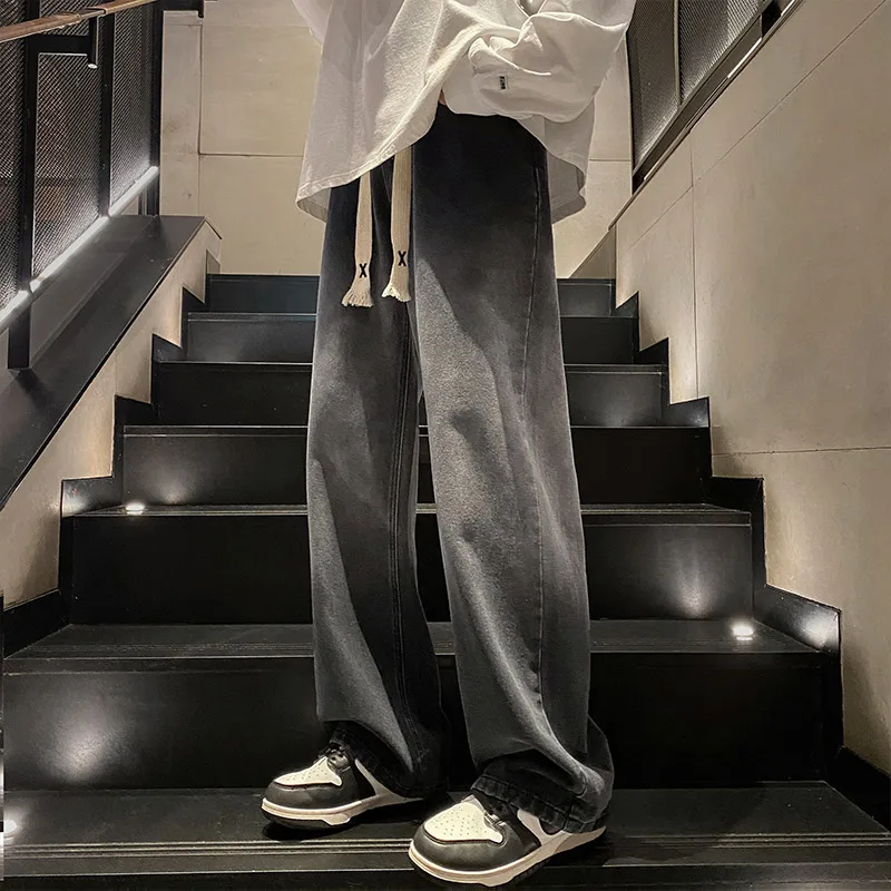 

American High Street Vibe Men's Oversize Trendy Straight Leg Jeans Dstring adient Thin Spring Autumn Jeans