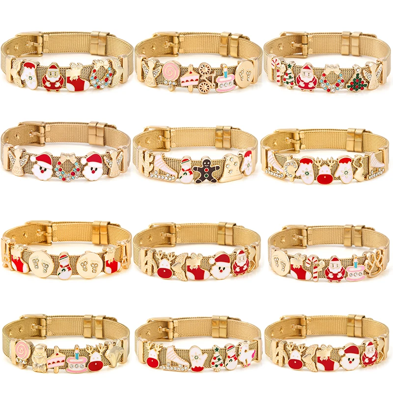 10mm Gold Color Winter Series Santa Claus Bells Beads Mesh Bracelet Stainless Steel Charm Bracelets For Women Christmas Jewelry