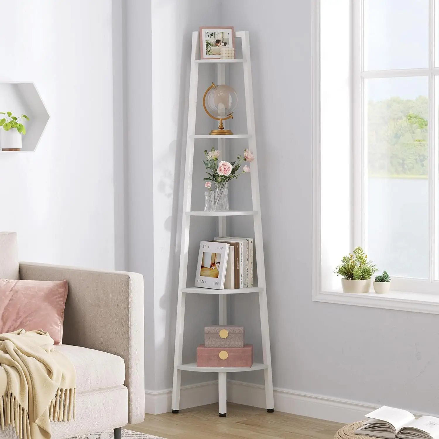 

5-Tier Corner Shelf, Rustic Ladder Display Stand for Living Room, Kitchen, Home Office, Balcony, Metal Frame in White