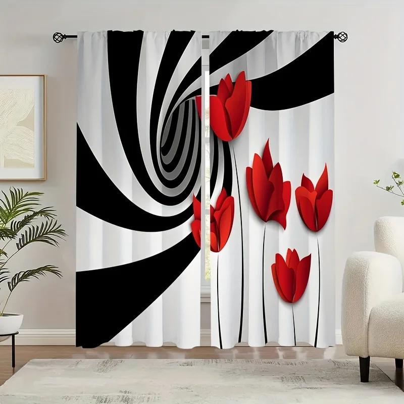 2pcs Abstract Art Curtains With Red Flower & Abstract Spiral Circle Curtains Thermal And Noise Reducing Curtain For Bathroom