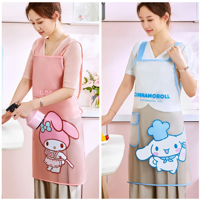 Cute Cartoon Melody Cinnamoroll Kitty Transparent Apron Kitchen Household Tpu Material Waterproof Oilproof with Side Pockets