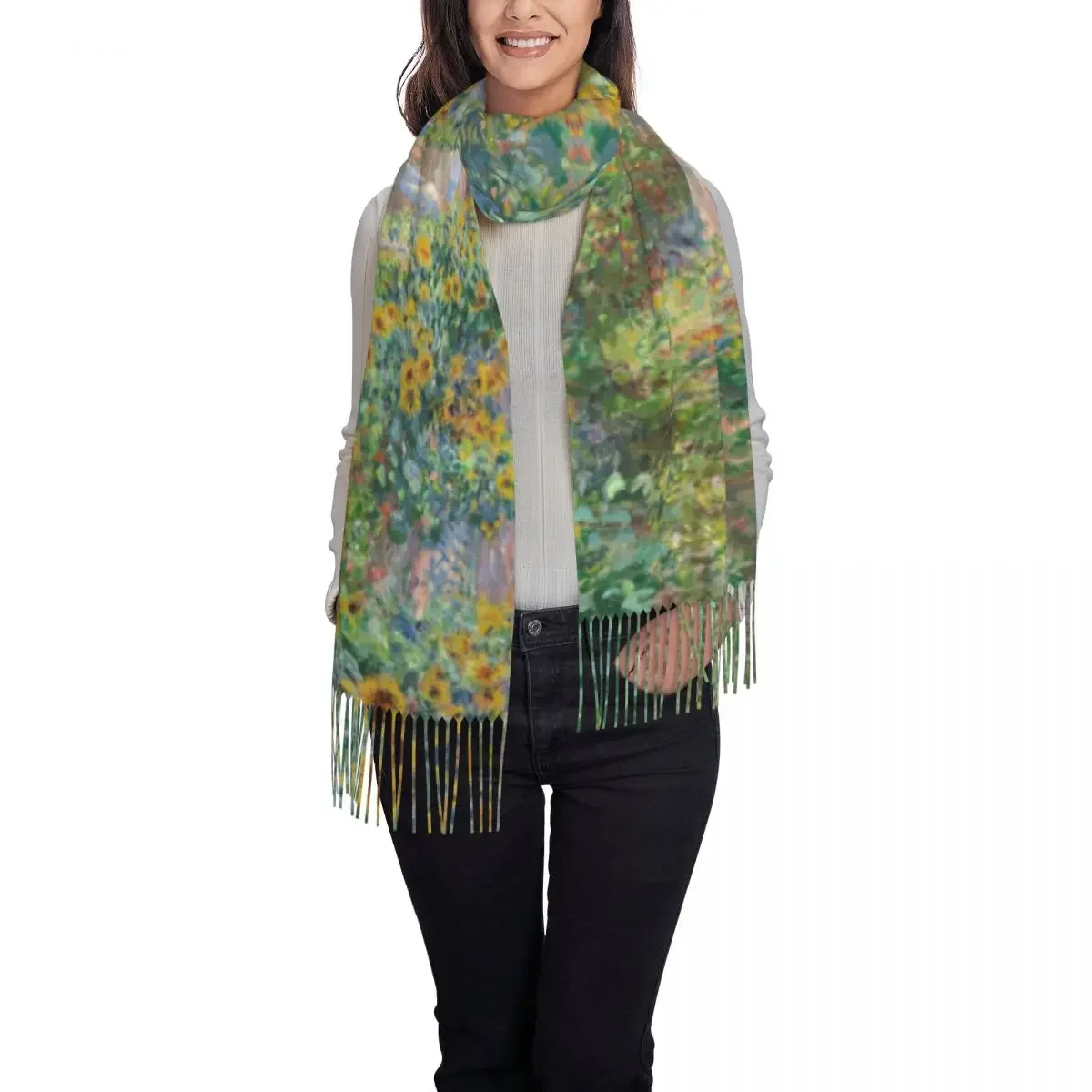 Lady Long The Artist's Garden At Giverny Scarves Women Winter Fall Soft Warm Tassel Shawl Wrap Claude Painting Scarf