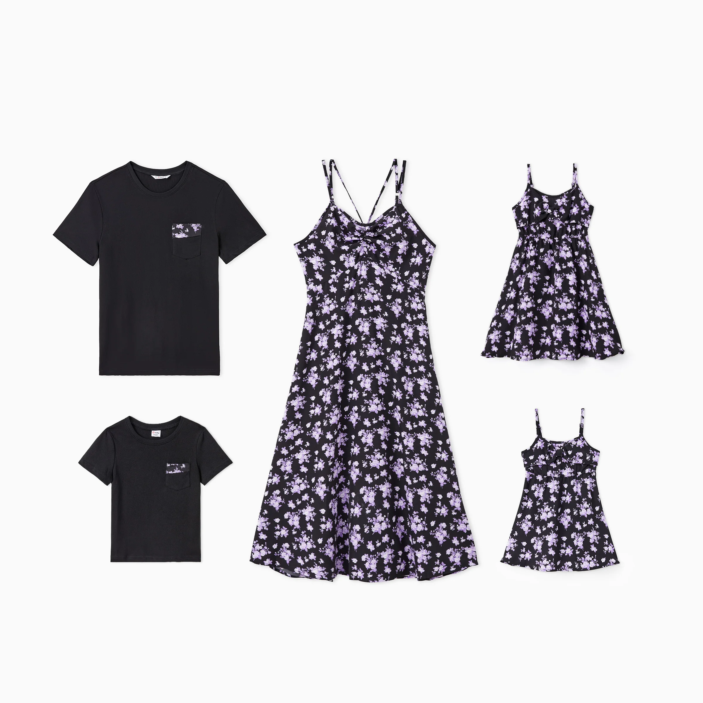 PatPat Family Matching Sets Black Short Sleeves Tee or Drawstring Front Shirred Back Strap Satin Slip Dress