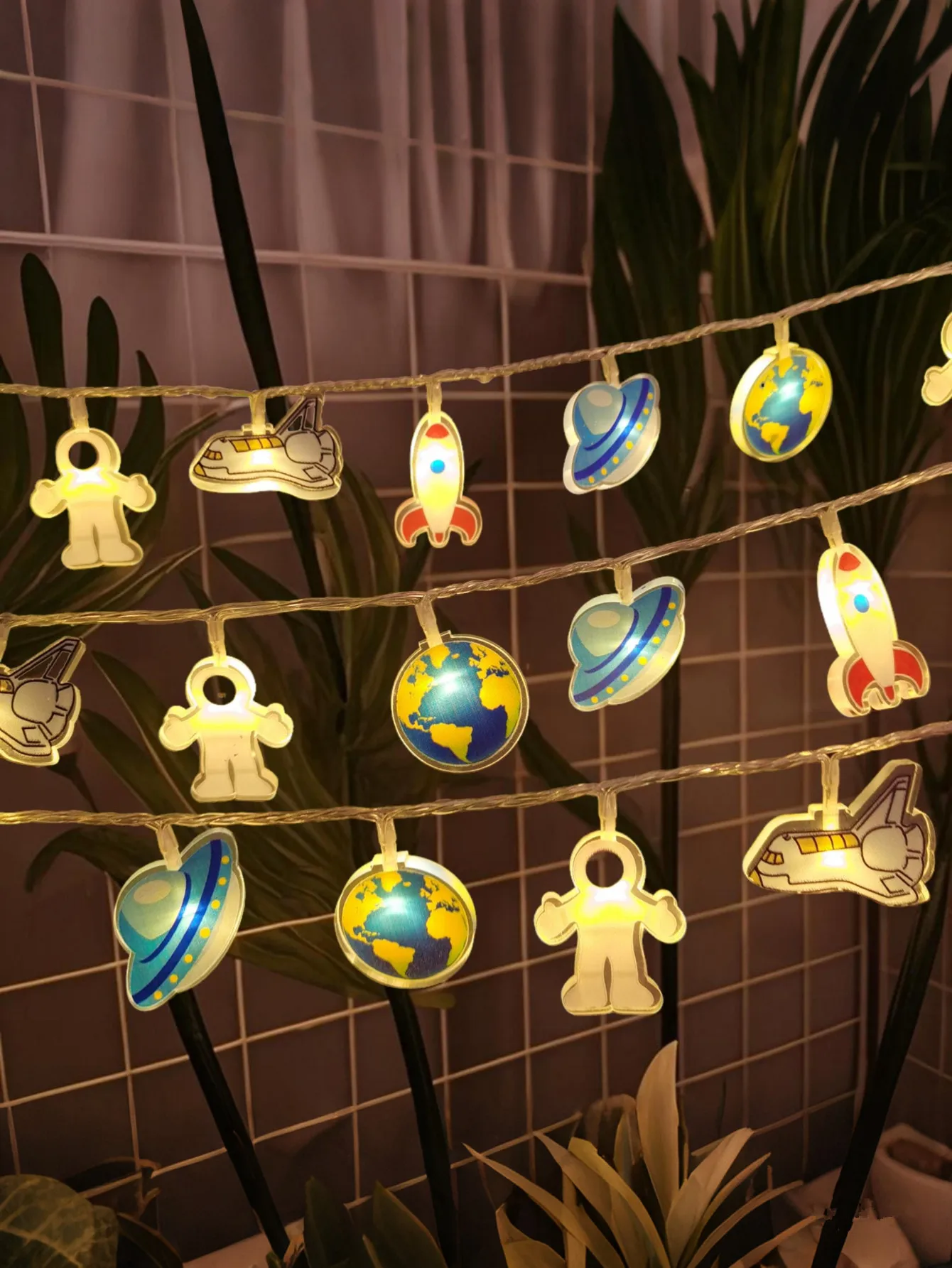 Outer Space LED String Lights, Astronaut Rocket UFO Earth Space Shuttle Fairy Lights for Kids Bedroom Space Theme Par