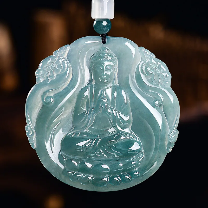 Natural A-Grade Jadeite Blue Water Double Dragons Big Sun Buddha Jade Pendant Zodiac Monkey Guardian Deity For Women's Gifts