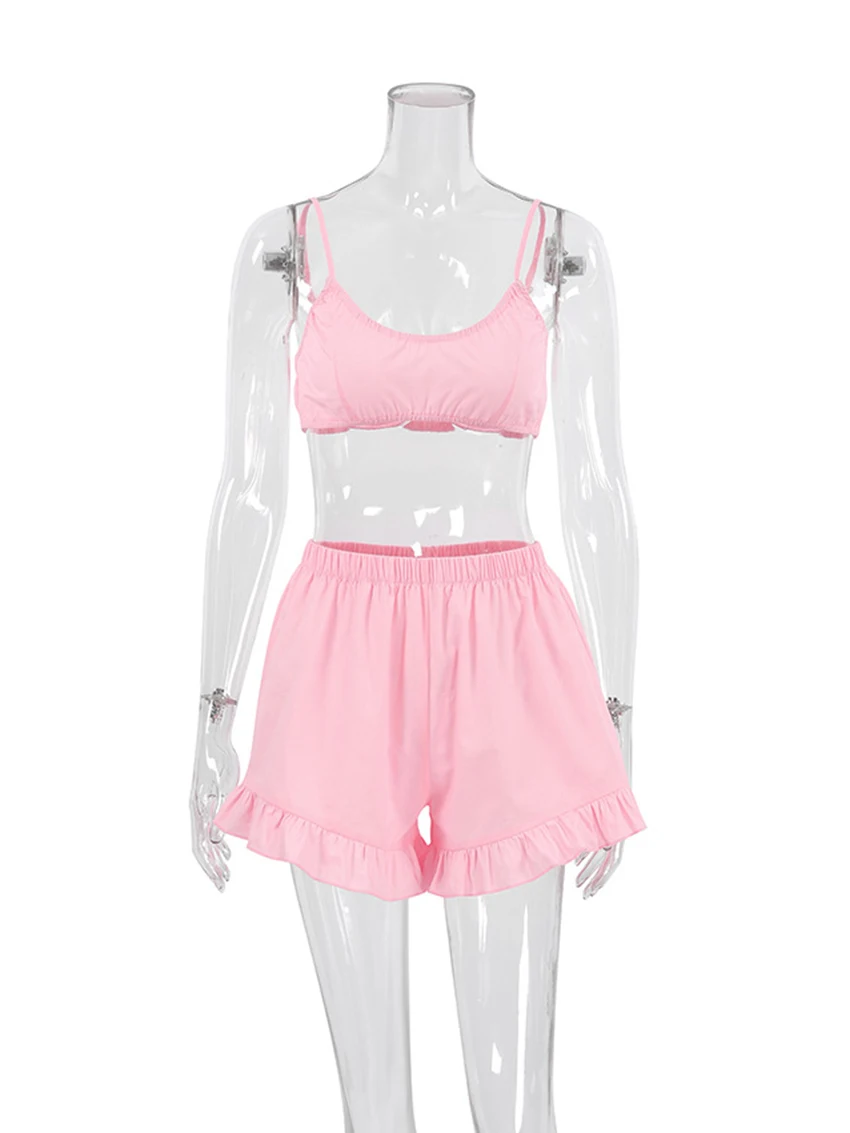 Marthaqiqi Home Clothes Women Sexy Spaghetti Strap Sleepwear Tank Tops Nightwear Crop Top Nightgowns Shorts Female Pajamas Suits