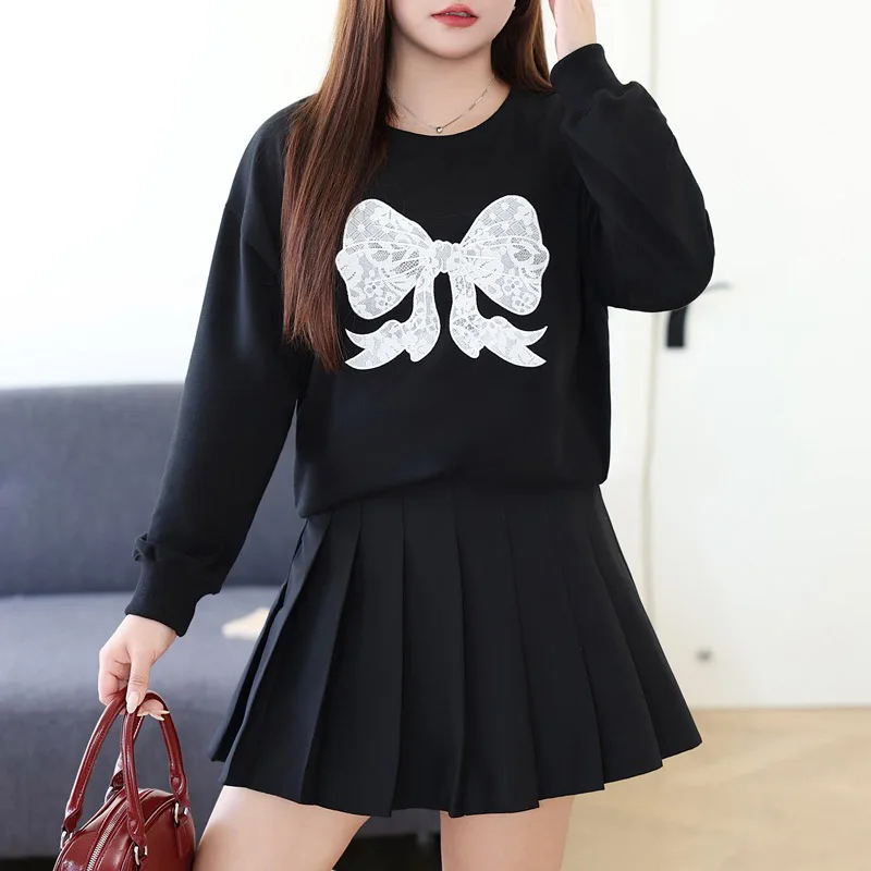 Loose Casual Round Neck Hoodie Women XL XXL Autumn 2024 Good Quality Bow Lace Embroidered Long Sleeve Sweatshirt