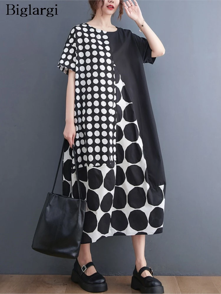 

Oversized Summer Polka Dot Print Patchwork Midi Pullover Dress Women Loose Pleated Fashion Ladies Dresses Casual Woman Dress