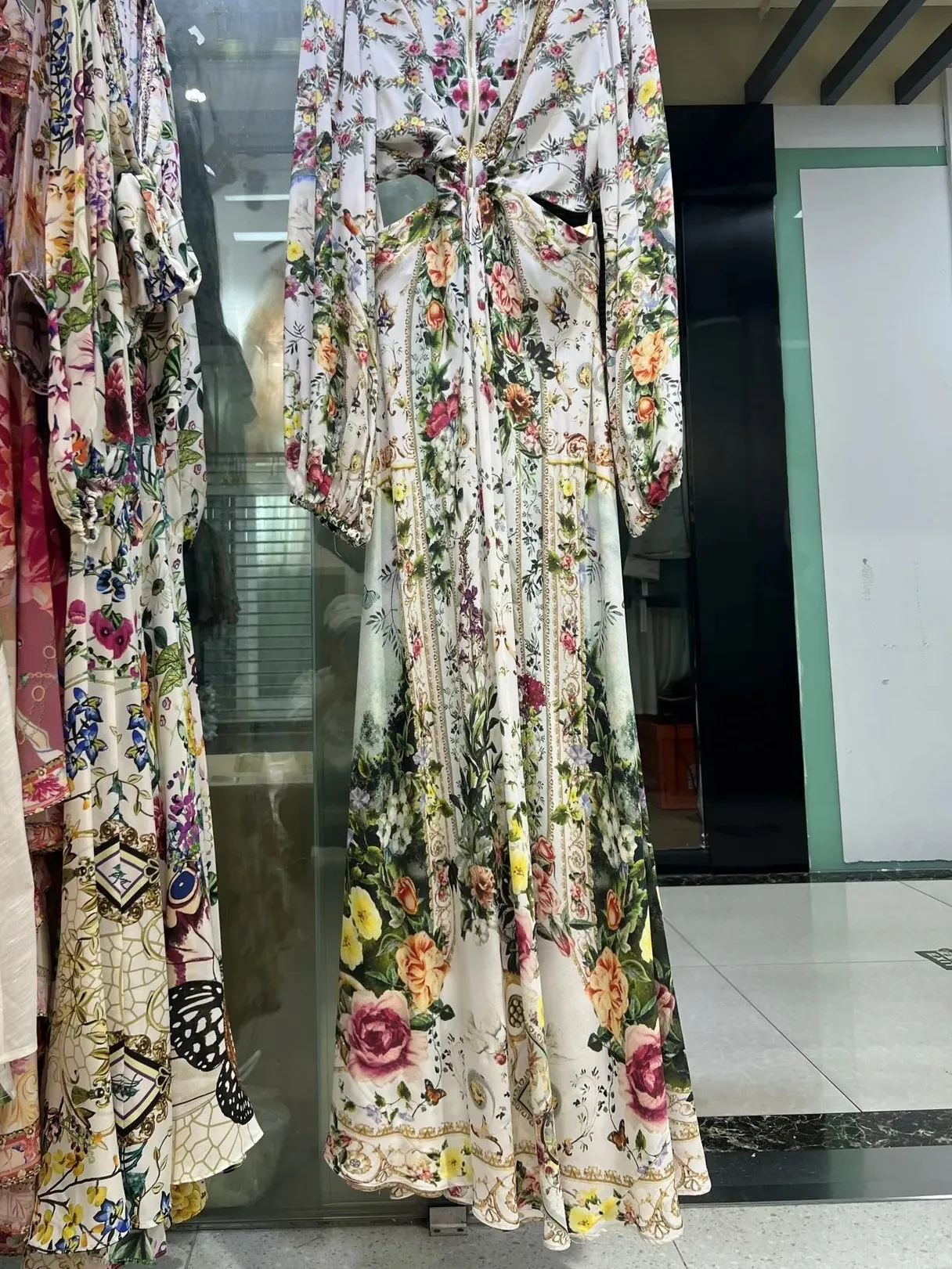 100% Silk Robe Women Flower Printed Beaded V-Neck Hollow Out Waist Backless Vintage Maxi Dress