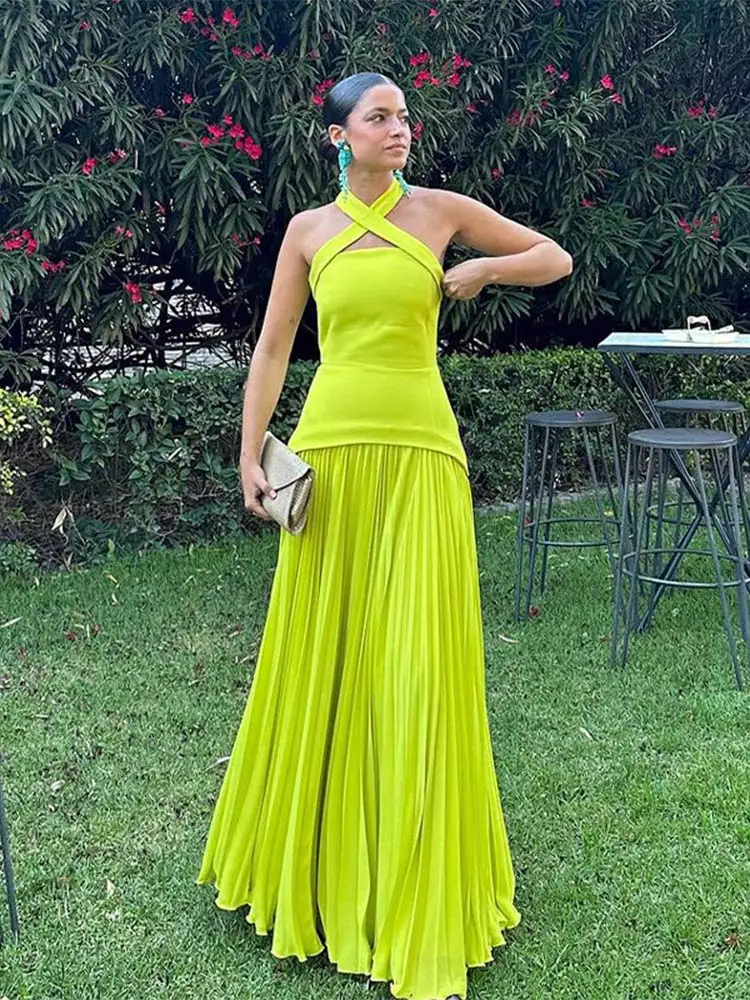 홀터 라운드넥 단색 민소매 여성 원피스, 우아한 오프숄더 플리츠 롱 드레스, 여름 파티 드레스 