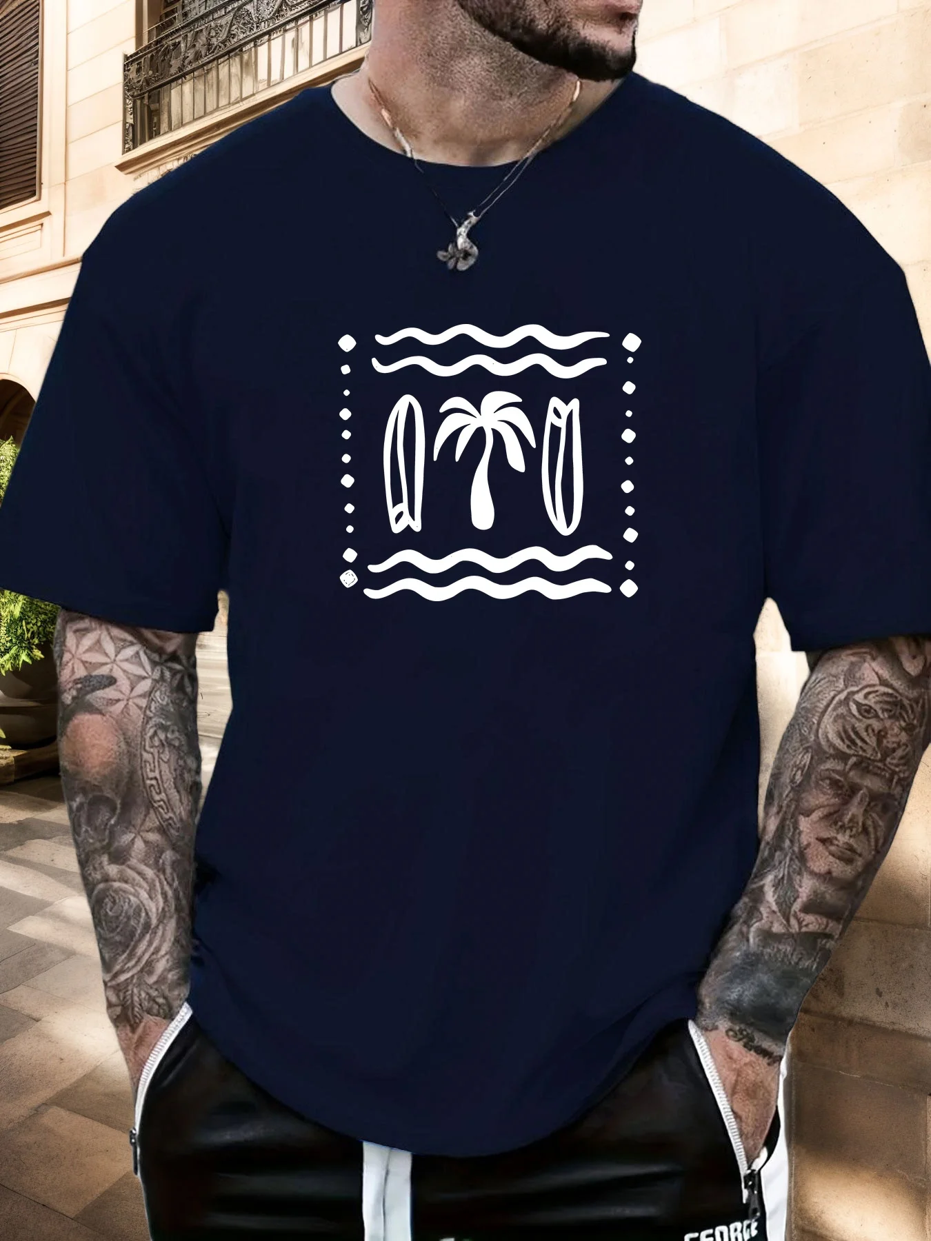 Surfboard Palm Tree Graphic Tee for Men Summer Casual Short Sleeve Cotton T-Shirt