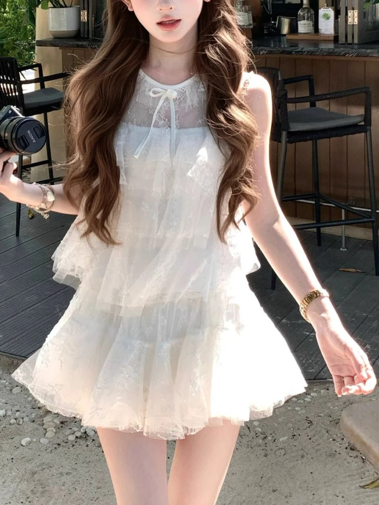 

Summer Sweet Sexy Style Two Piece Set Women Sleeveless Tops + High Waist Skirt New Fashion White Design Pure Desire Suit 2025