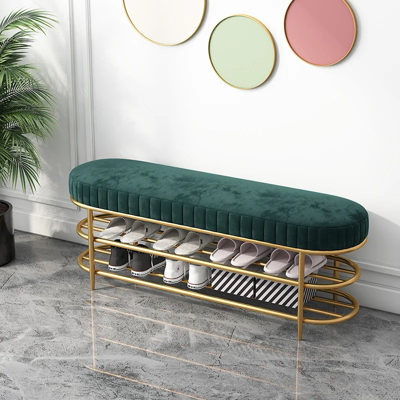 

New double-layer pink velvet bench, shoe change, storage, luxury modern home furniture wholesale, cheap metal materials