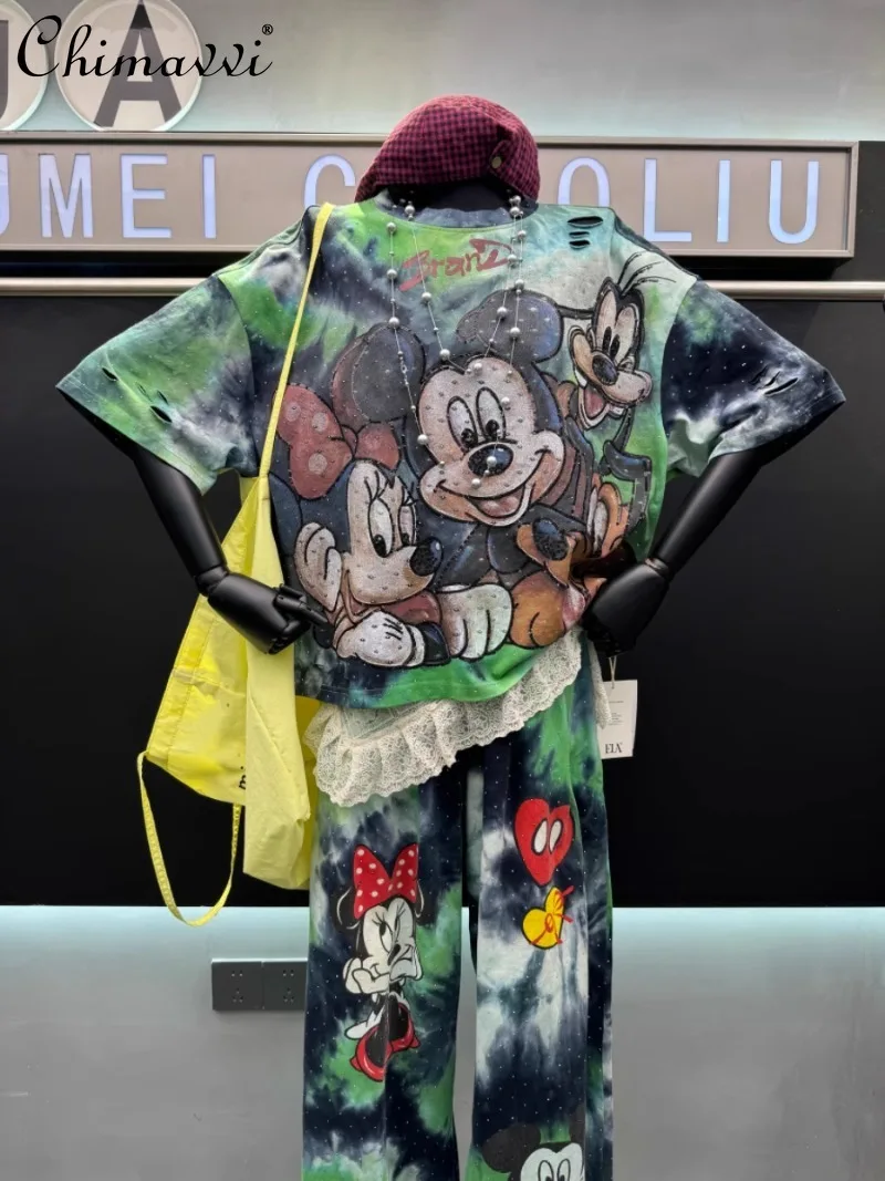 2025 Summer New Heavy Industry Tie-dye Hot Diamond Mickey Print Loose Fashion Age-reducing Top Short-sleeved T-shirt For Women
