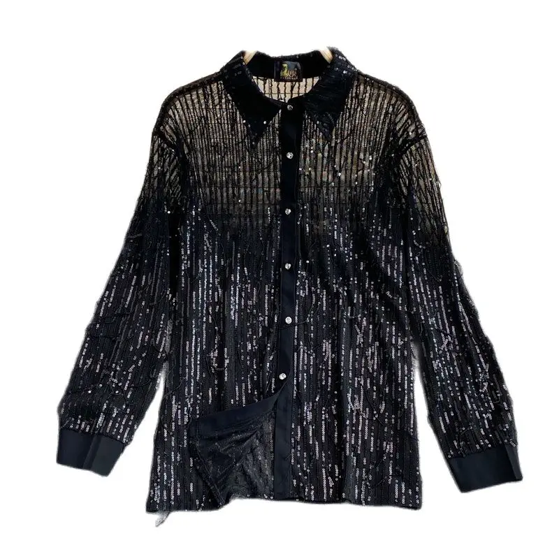 

IHOBBY Tassel Sequins Single Breasted Ol Professional Temperament Shirt Women Long Sleeved Shirt