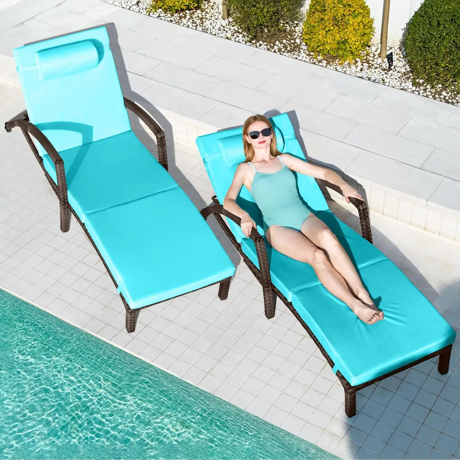 Chaise Lounge Chairs Outdoor Set of 2, Comfy Outside Wicker Patio Pool Lounge Chair w/ 5 Adjustable Back Angle, Customized