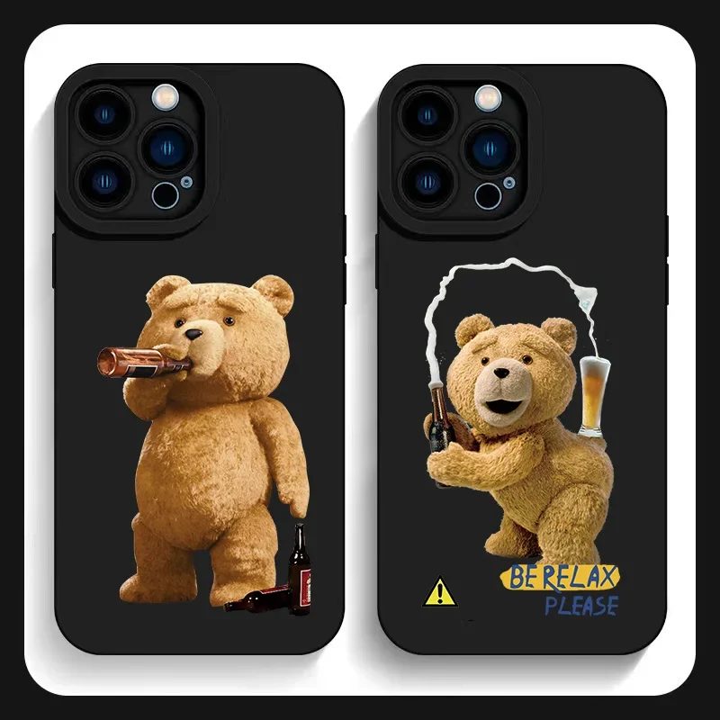 Highend Black Cartoon Bear Phone Case For iPhone 15 14 13 12 11 Pro Max X XS Max XR Mini 8 7 14 15Plus Matte Soft Silicone Cover