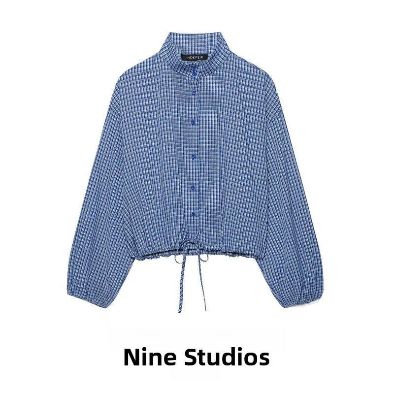 Casual Plaid Long Sleeve High Collar Drawstring Loose Women's Shirt Versatile Top European Style A-Line Sleeve Short Length