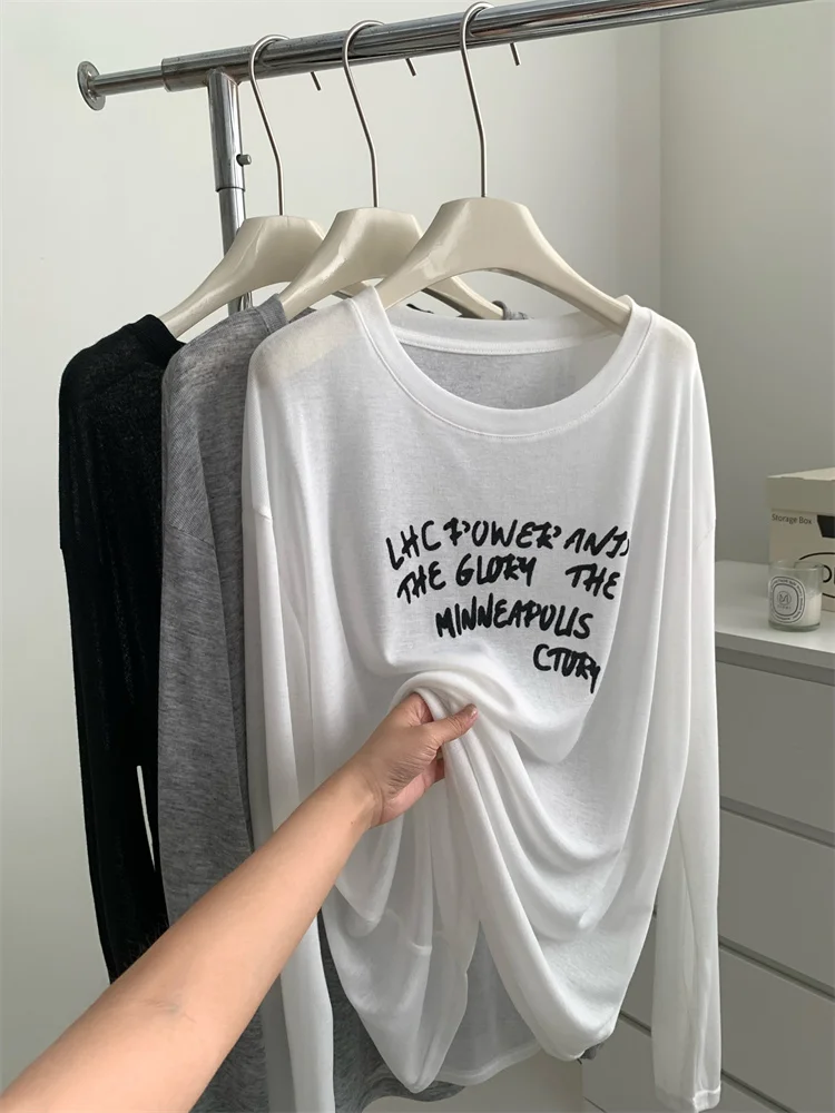 

Women Letter Print Long Sleeve Tshirts Spring Summer Round Neck Thin Sunscreen Shirt Soft Casual Loose Tees Tops