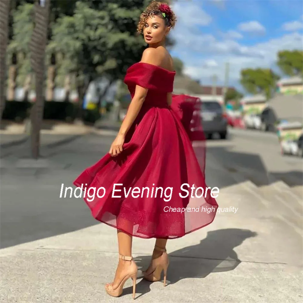 Indigo Prom Dress A-Line Off The Shoulder V-Neck Tea-Length Pleat Simple Pocket Open Back Evening Gowns For Women 2024فساتين الس