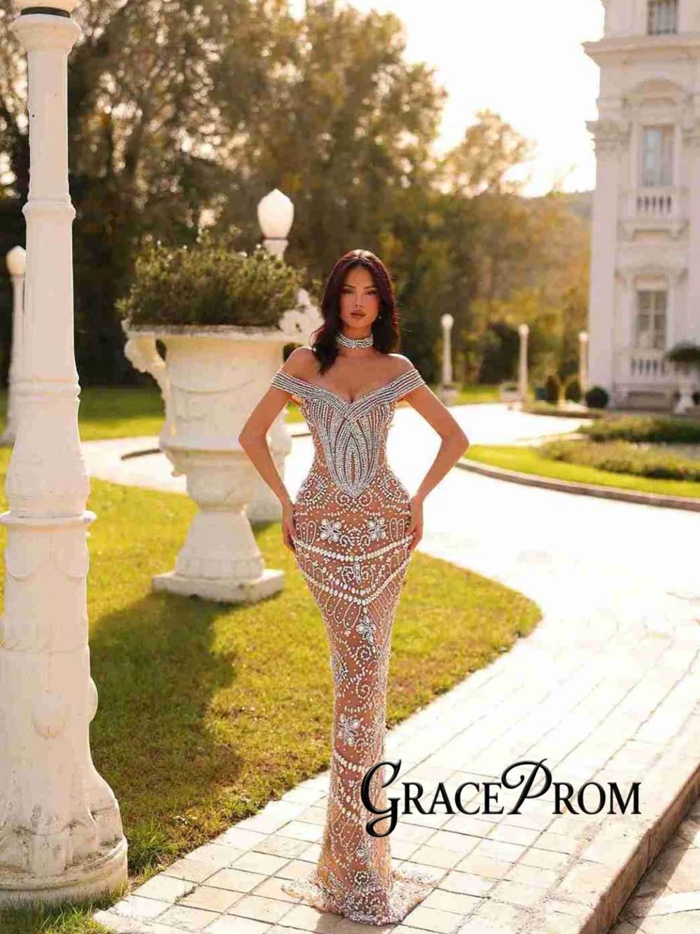 

Glamorous Rhinestones Sheath Long Evening Dress Off Shoulder Exquisite Wedding Party Gown New Customized Elegant Banquet Gowns