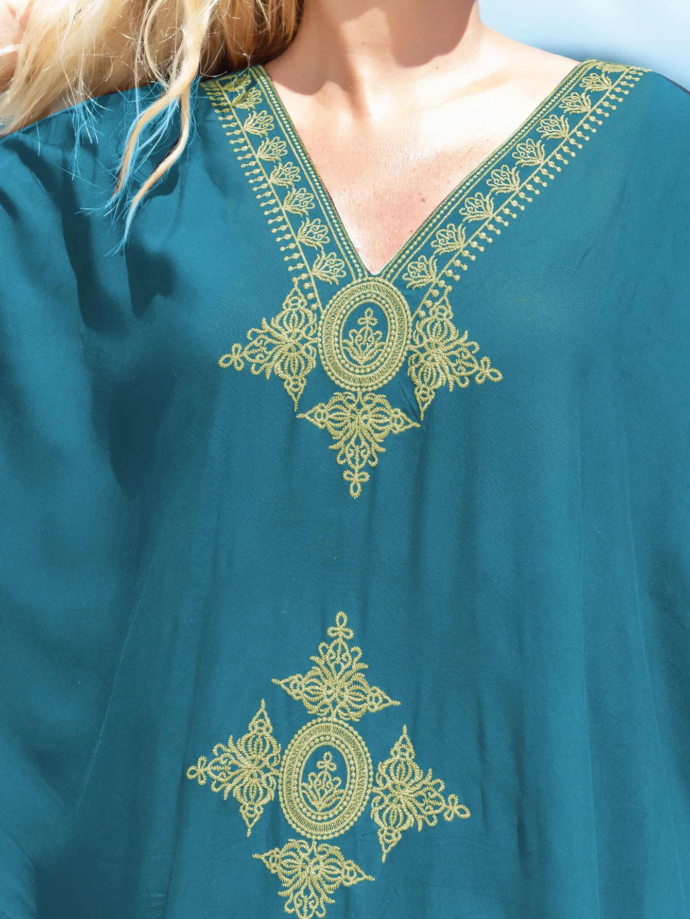 Women\'s Clothing Gold Embroidery Long Kaftan Dresses V Neck Caftan Dress Beach Cover Ups Tunic Maxi Dress