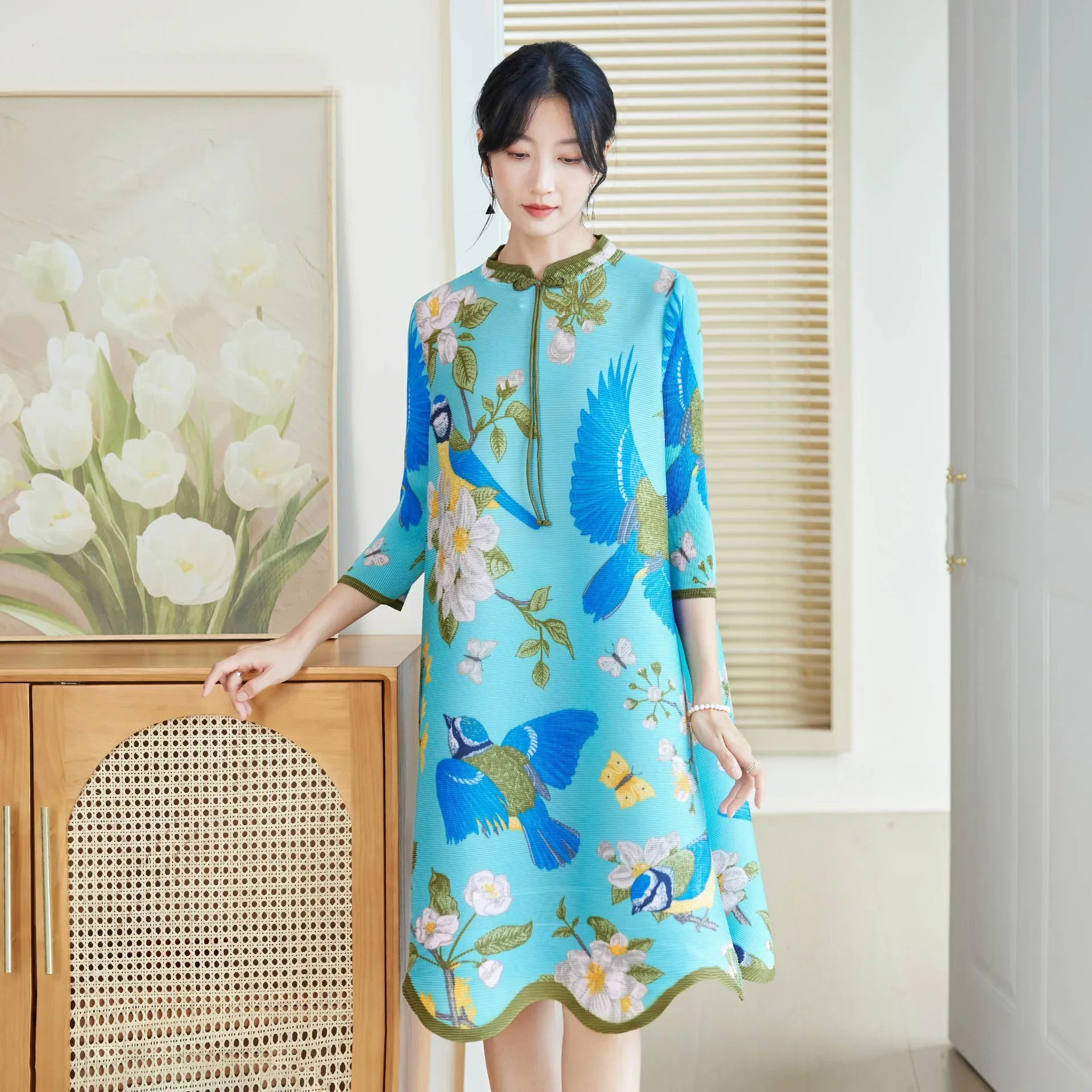 Miyake Pleated Elegant Dress for Women, New Chinese Style Improved Style Cheongsam Fashion Printed Mother's Dress, 2024 New