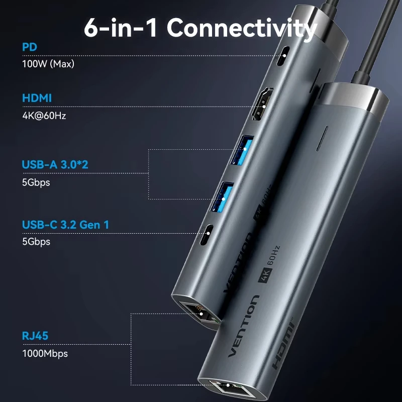 

Vention New 6 IN 1 USB 3.0 Type C 100W HUB 4K 60Hz to HDMI RJ45 Splitter Adapter Docking for MacBook iPad Samsung Xiao PC Laptop