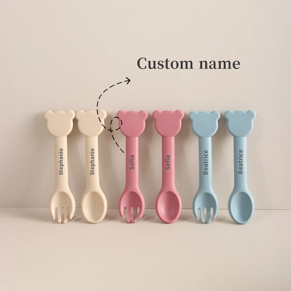 

Custom baby name 1 pair silicone bear shape spoon and fork food grade silicone baby feeding utensils