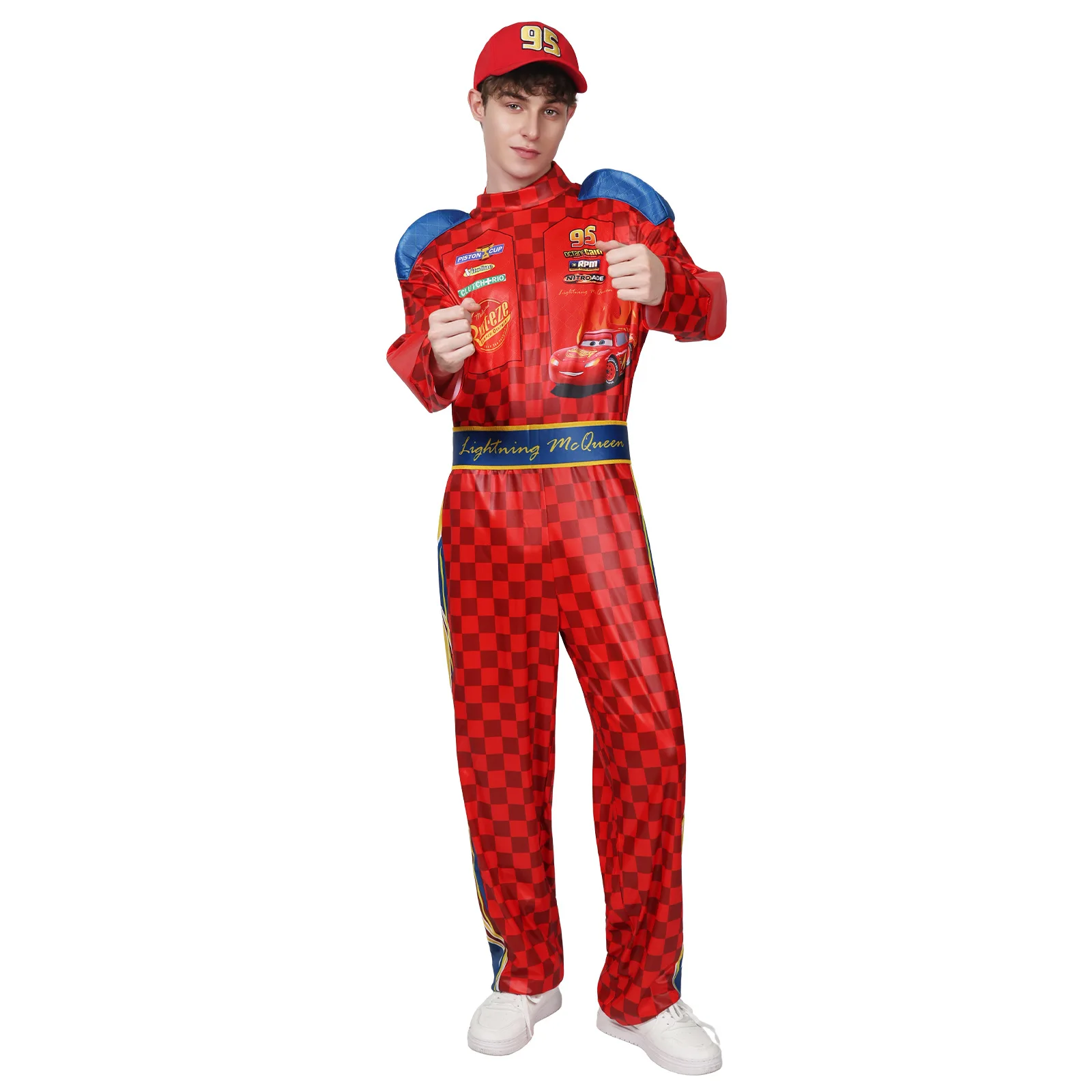 Adult Lightning Racing Driver Costume Men Red 95 Racer Jumpsuit with Hat Cosplay Outfit Halloween Carnival Party view 3