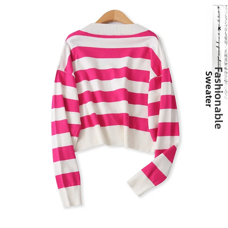 

Casual Striped Open Cardigan Deep V-ne Long Sve Two Button Loose Women's Knitted Sweater Autumn New Sle Versatile 773