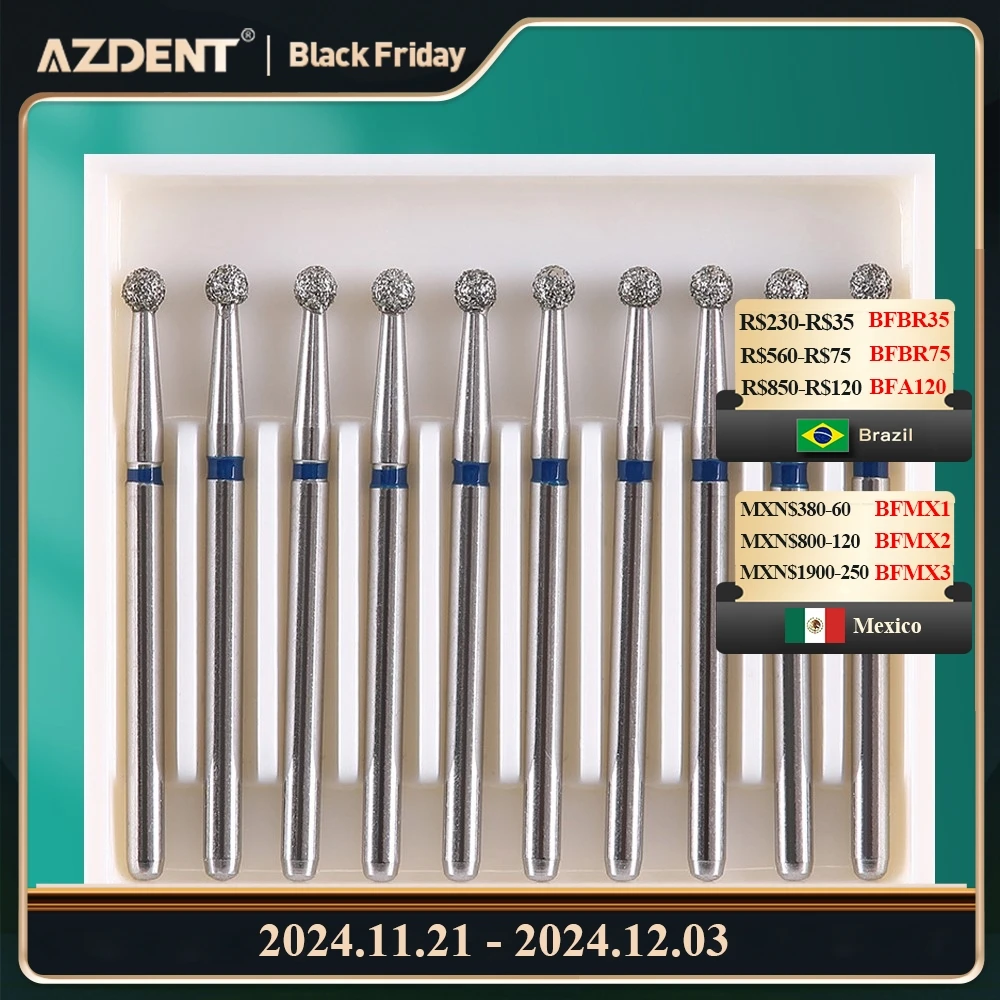 10pcs/Pack AZDENT Dental Diamond Burs Drill Ball Round Type 25mm FG 1.6mm For High Speed Handpiece 450000r/Min