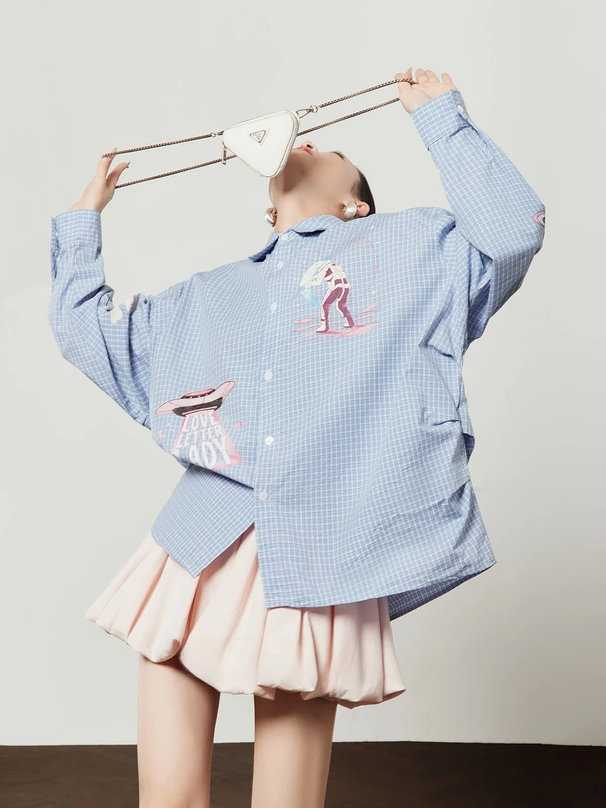 

Blue Plaid Floral Umbrella Women's Shirt Loose Casual Top Spring 2026 New Style Commute Simple Style Slimming Effect