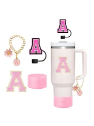 Set da 4 pezzi per accessori per coppe Stanley, incluso coperchio iniziale in paglia di Silicone, lettera identificativa del nome, lettera autoadesiva, manicotto della tazza (rosa)