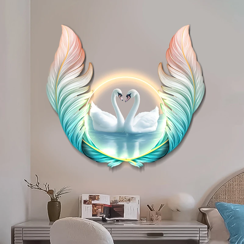 Unique Creative Feather LED luminous decorative painting Art Wall Romantic Feather Art Wall Decor for Bedroom warm wall painting