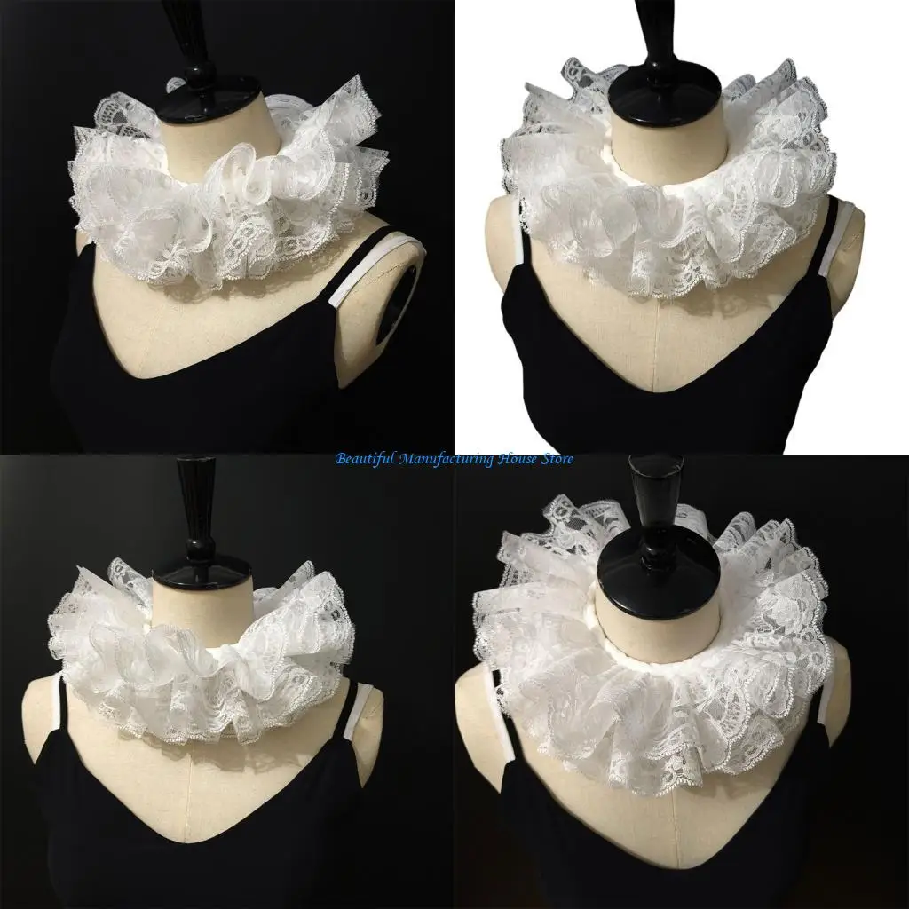 E56A Unisex White Lace Frill Neckpiece Adjustable Victorian Gothic Decorative Accessory Detachable Costume Collar for Party