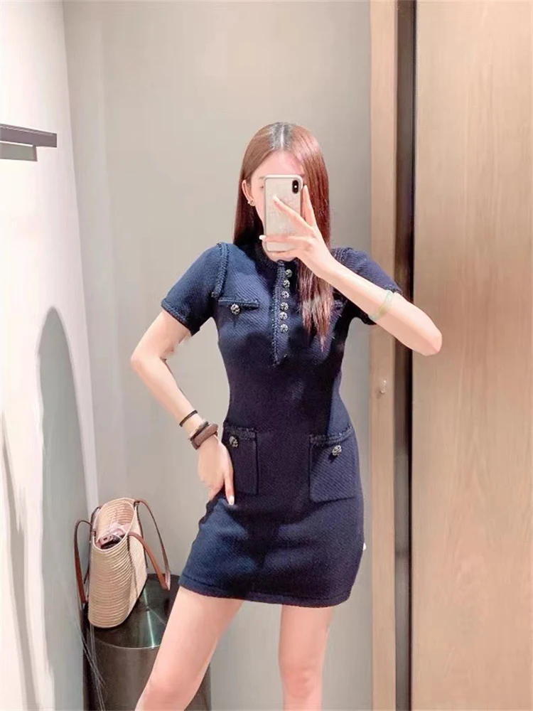 Navy blue diamond buttons knitted hip dresses temperament elegant round neck short-sleeved women\'s dress 2024 new fall
