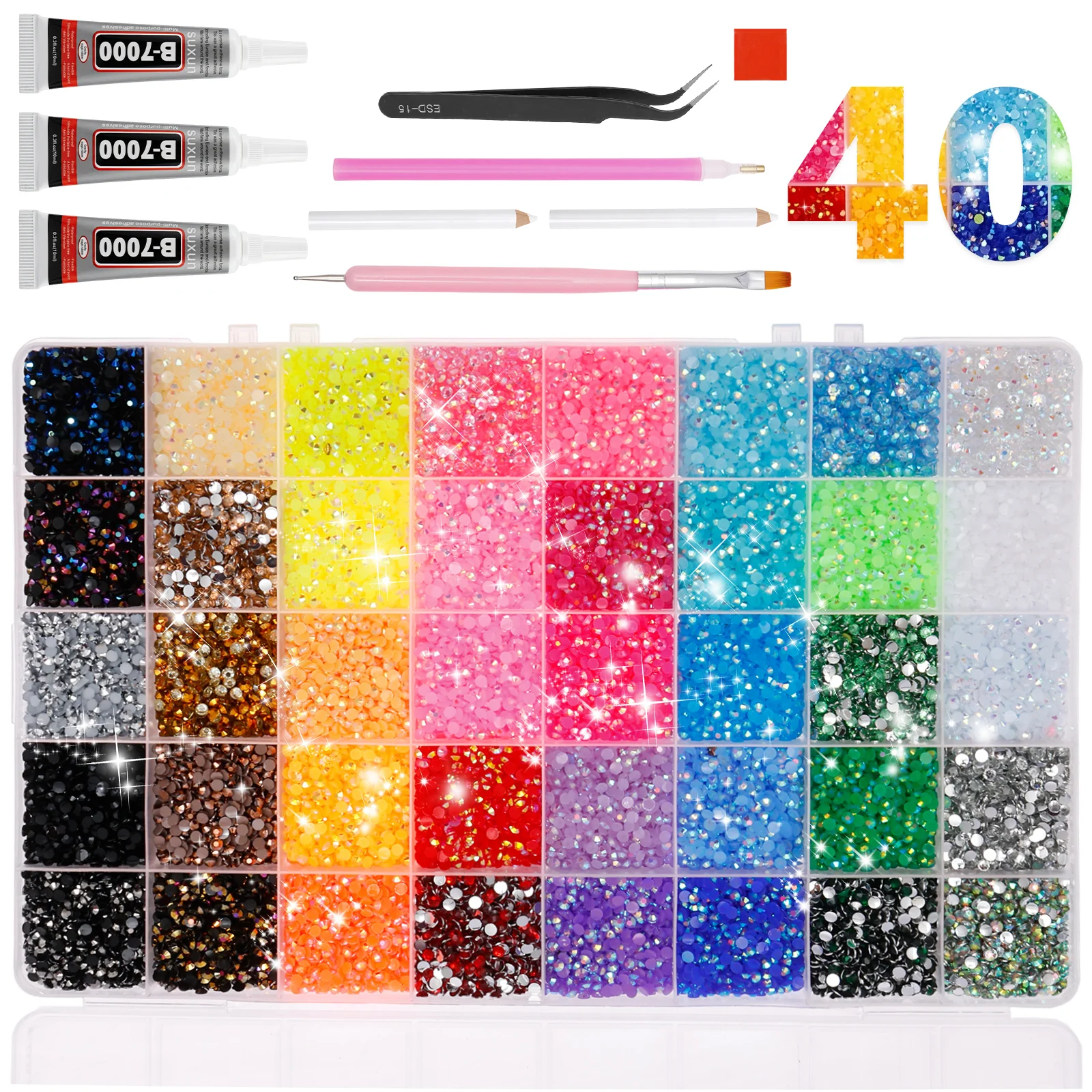 

28/32/40Squares Resin Jelly Rhinestones Multi Color Flatback Jelly Rhinestones with Glue Tweezers Pickup Tool for Nails Clothing