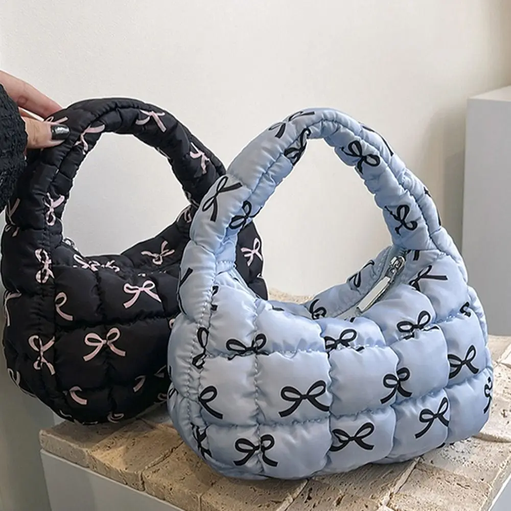 Mini Cloud Pleated Bags for Women Casual Quilted Handbag Korean Bow Printed Padded Handle Bags Soft Puffy Bag Fashion Puffer