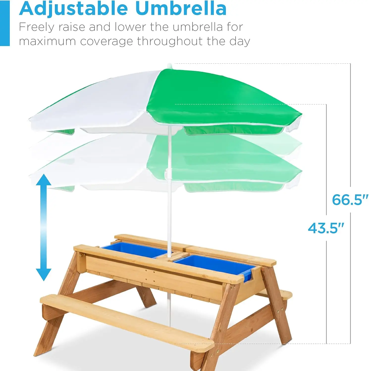 Choice Products Kids 3-in-1 Sand & Water Table, Wood Outdoor Convertible Picnic Table w/Umbrella, 2 Trays, Removable Top - Green