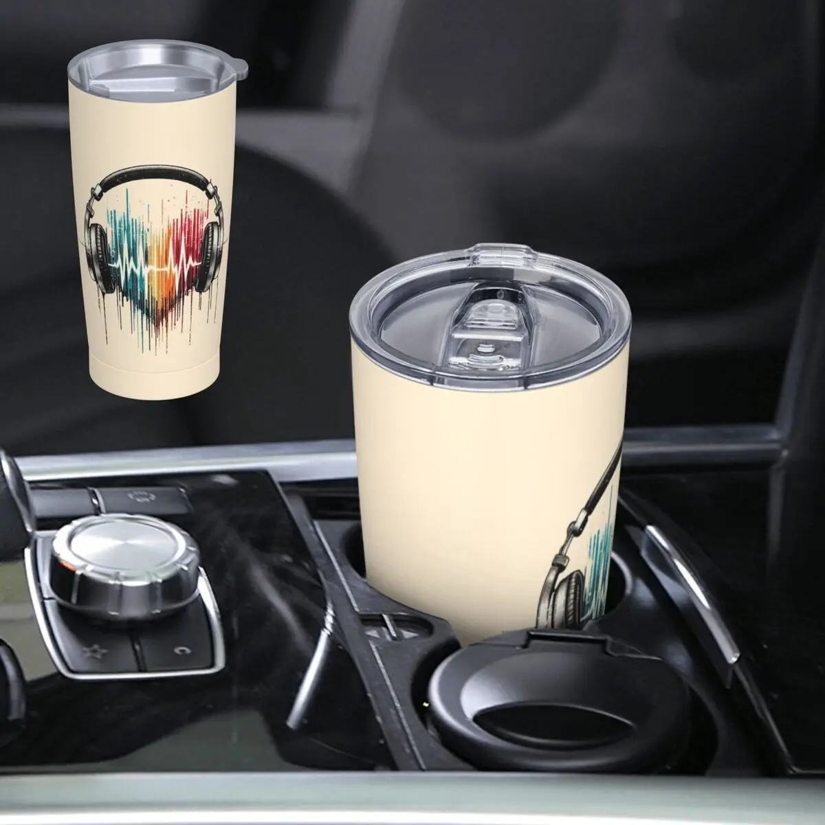 Heart Shaped Music Note With Headphones Stainless Steel Tumbler Vacuum Insulated Mug Thermal Cold Cups Straws With Lid 20oz