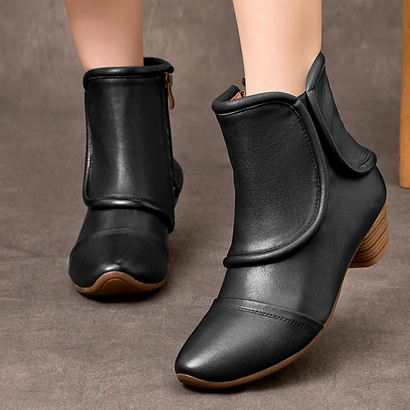 4cm Cow Genuine Leather ZIP Moccasins Chunky Heels Chimney Ladies Women Ankle Booties Autumn Fashion Spring Boots Shoes